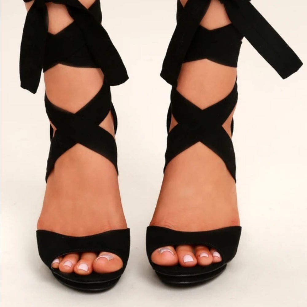 Lulu’s Black Suede Lace-Up Platform Heels